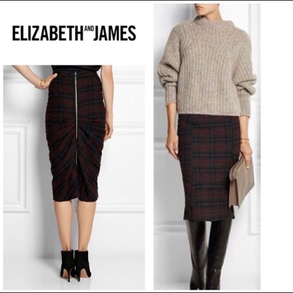 ELIZABETH & JAMES Plaid Zipper Ruched MIDI Skirt